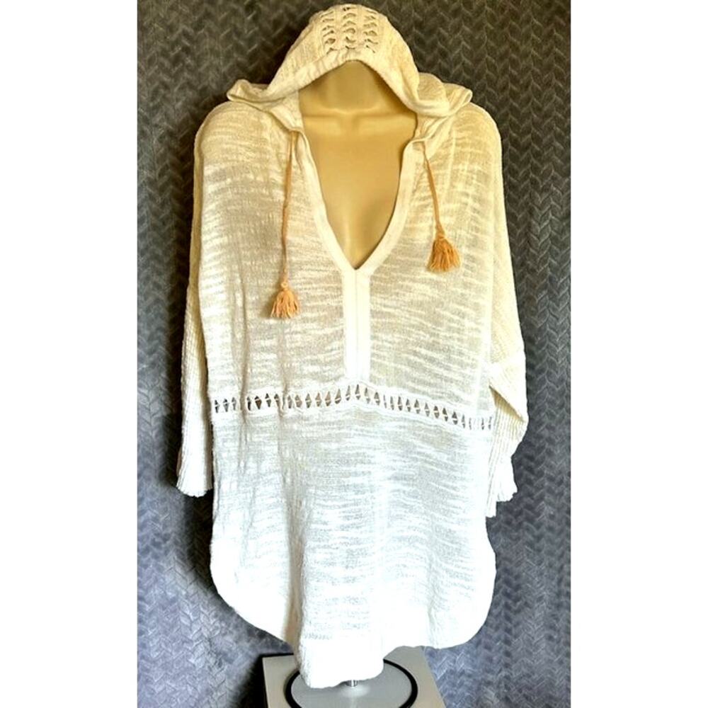Coldwater Creek Womens Hooded Knit Top in W Size M Open Knit Crochet Coastal